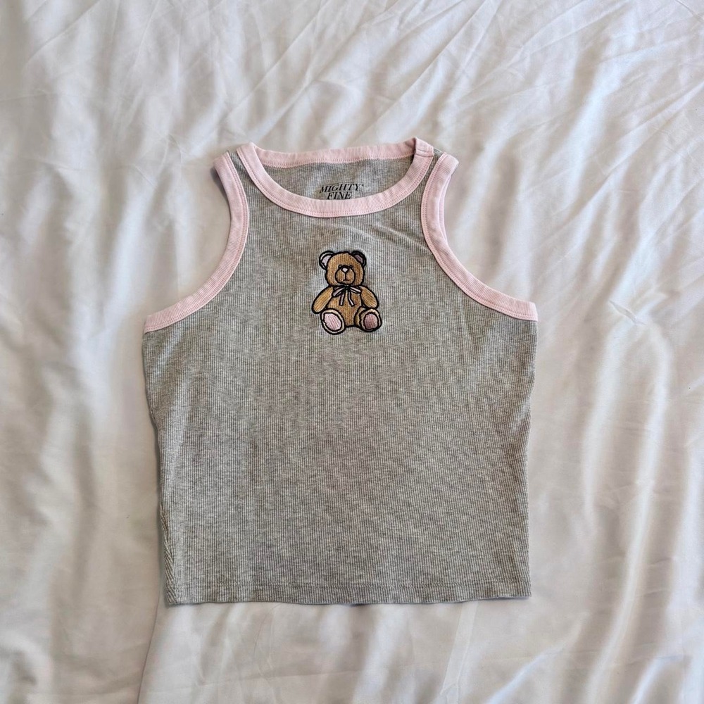 Mighty Fine Teddy Bear Gray Ribbed Tank Top Pink Trim Y2K Medium